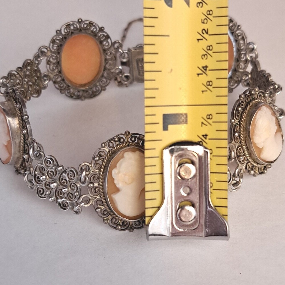 Antique Cameo Panel Silver Bracelet Filigree Italy 800 Marked Gold Chain Links - Picture 2 of 11